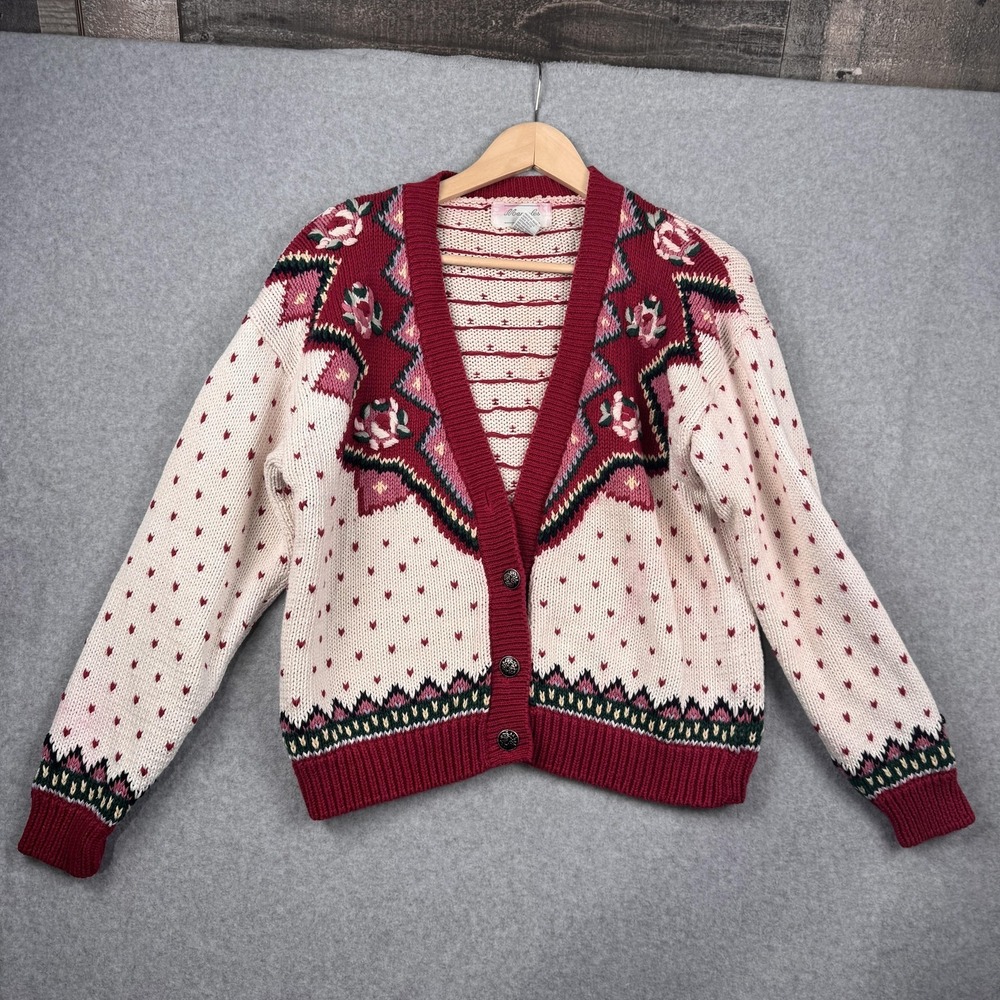 Margules Cardigan Womens Large White Red Heart Fair Isle Knit Grannycore Sweater